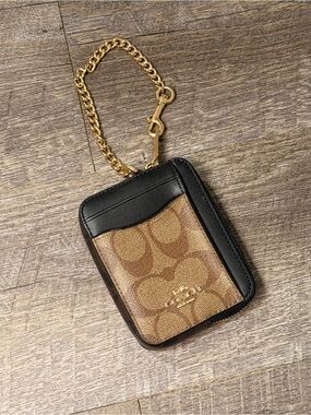 Coach Zip Card Case In Signature Canvas-Brown & Black with Gold Chain